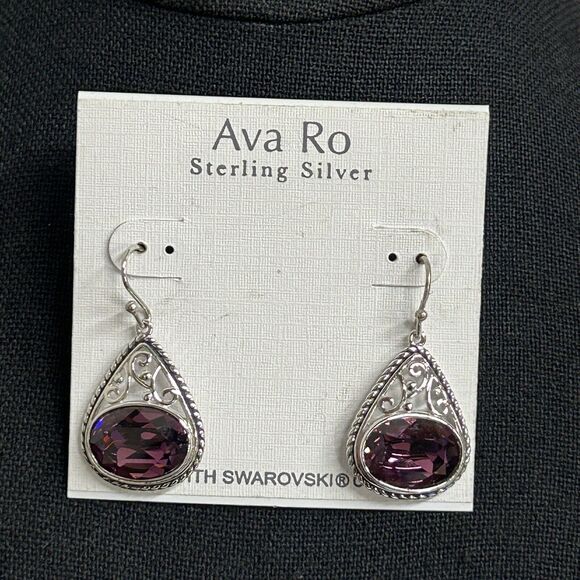 Ava Ro Earrings Purple Swarovski Crystals Sterling Silver Scroll Design Dangle - Picture 1 of 8